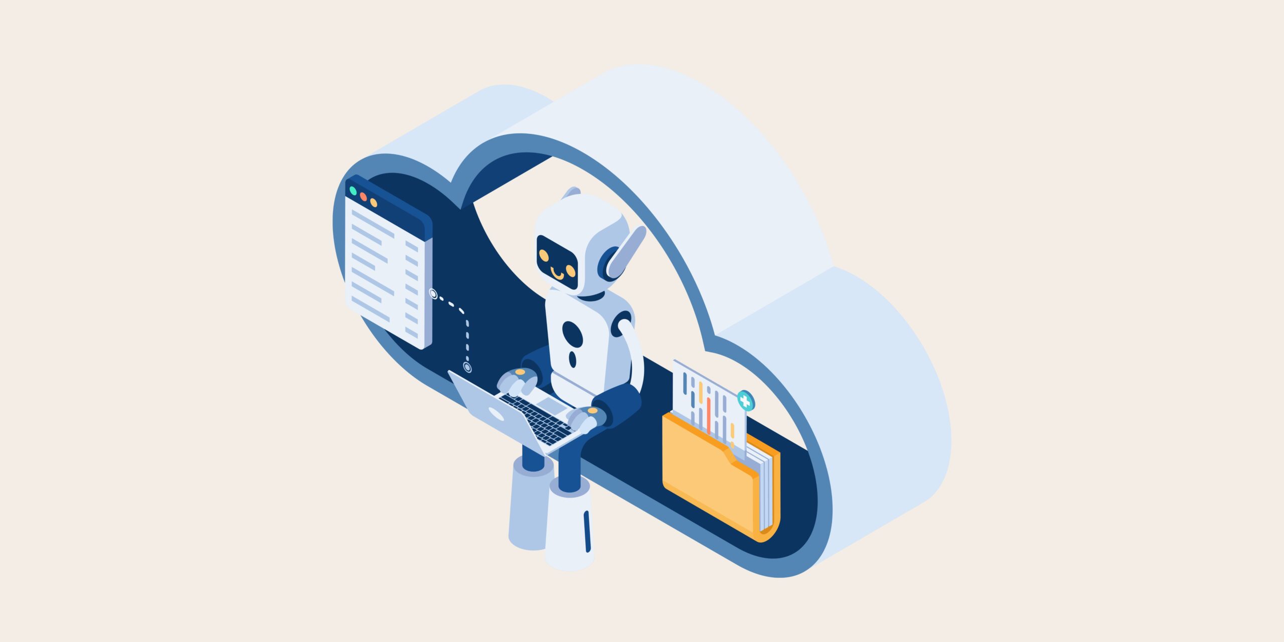 an illustration of a robot working in a cloud icon, representing robotic process automation