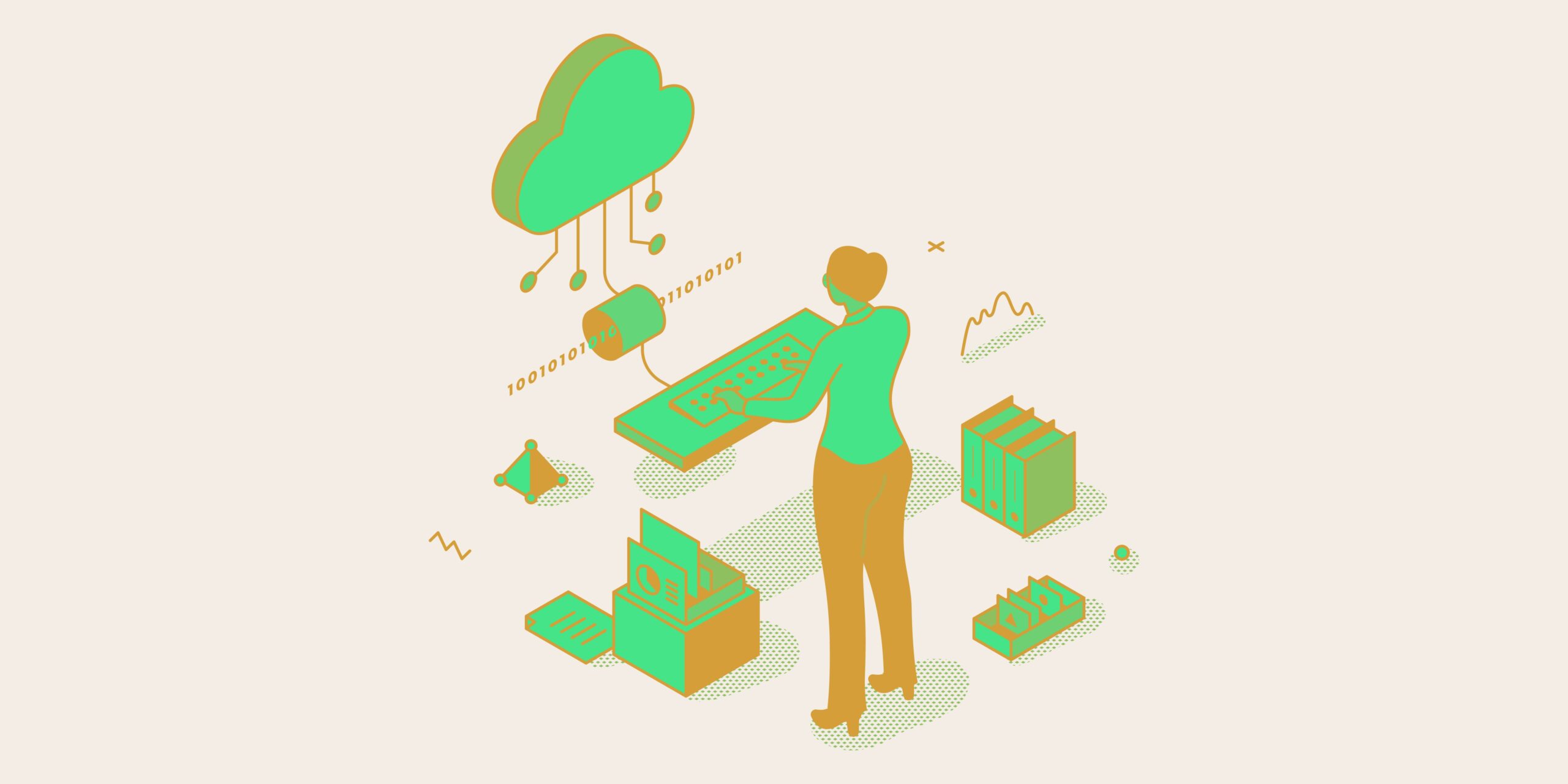 an illustration of a woman surrounded by abstract office equipment working on a cloud based foundational workflow