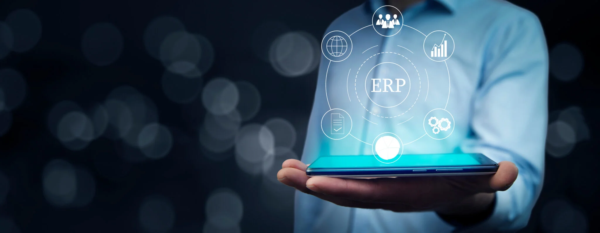 floating icons representing erp integration with crm