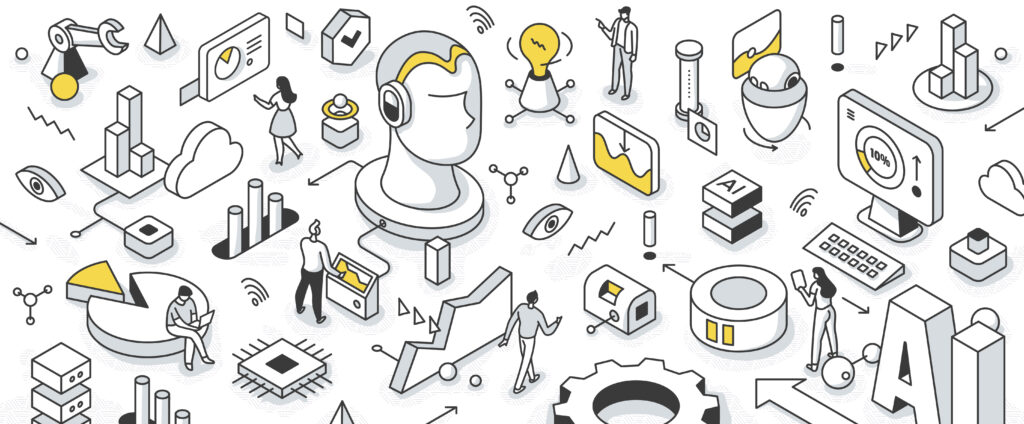 an isometric illustration of AI connected with a CRM system
