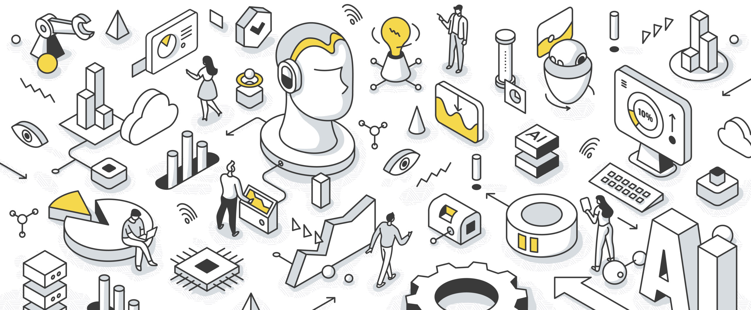 an isometric illustration of AI connected with a CRM system