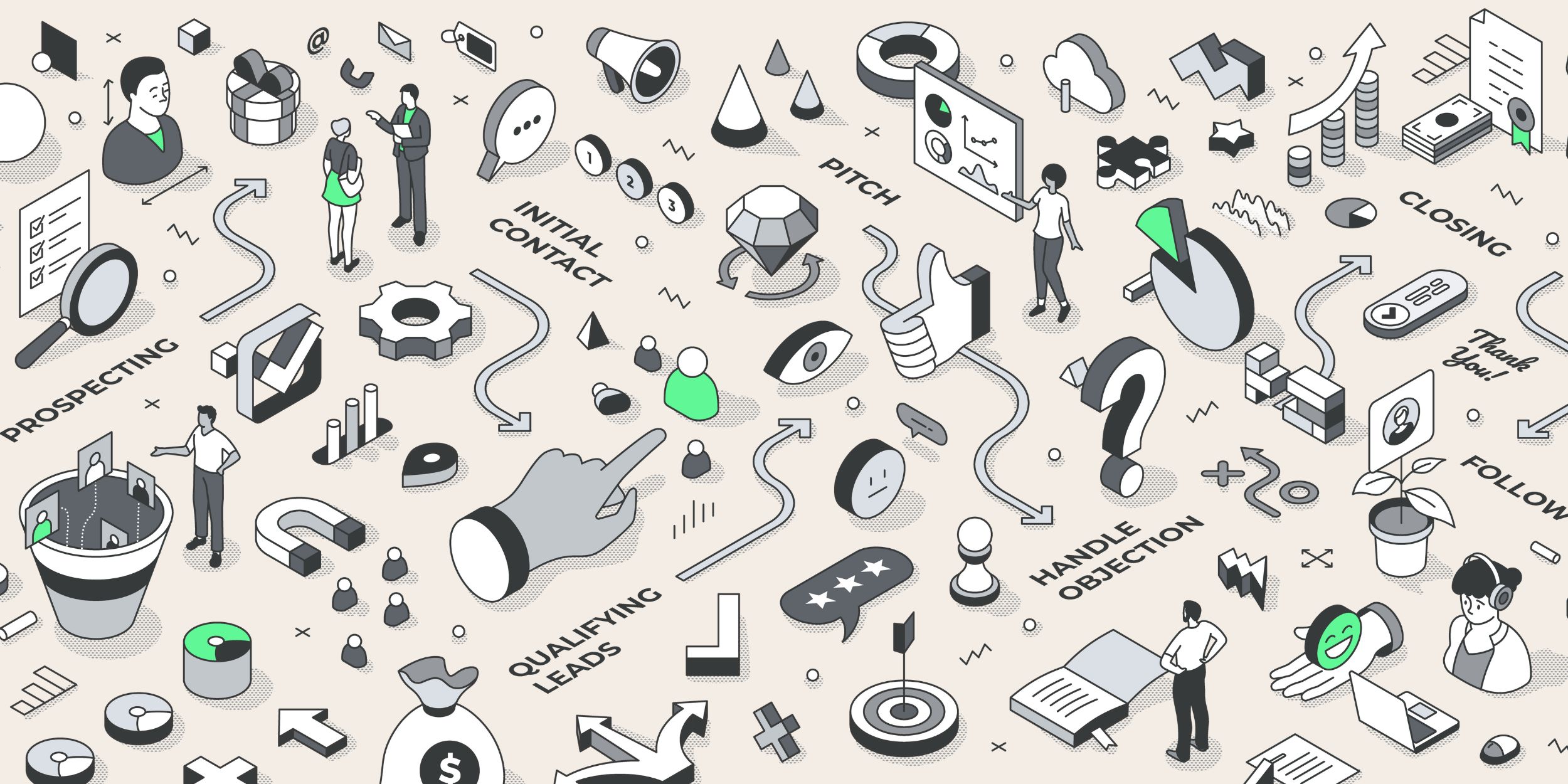 An illustration of all the different elements of a sales process.