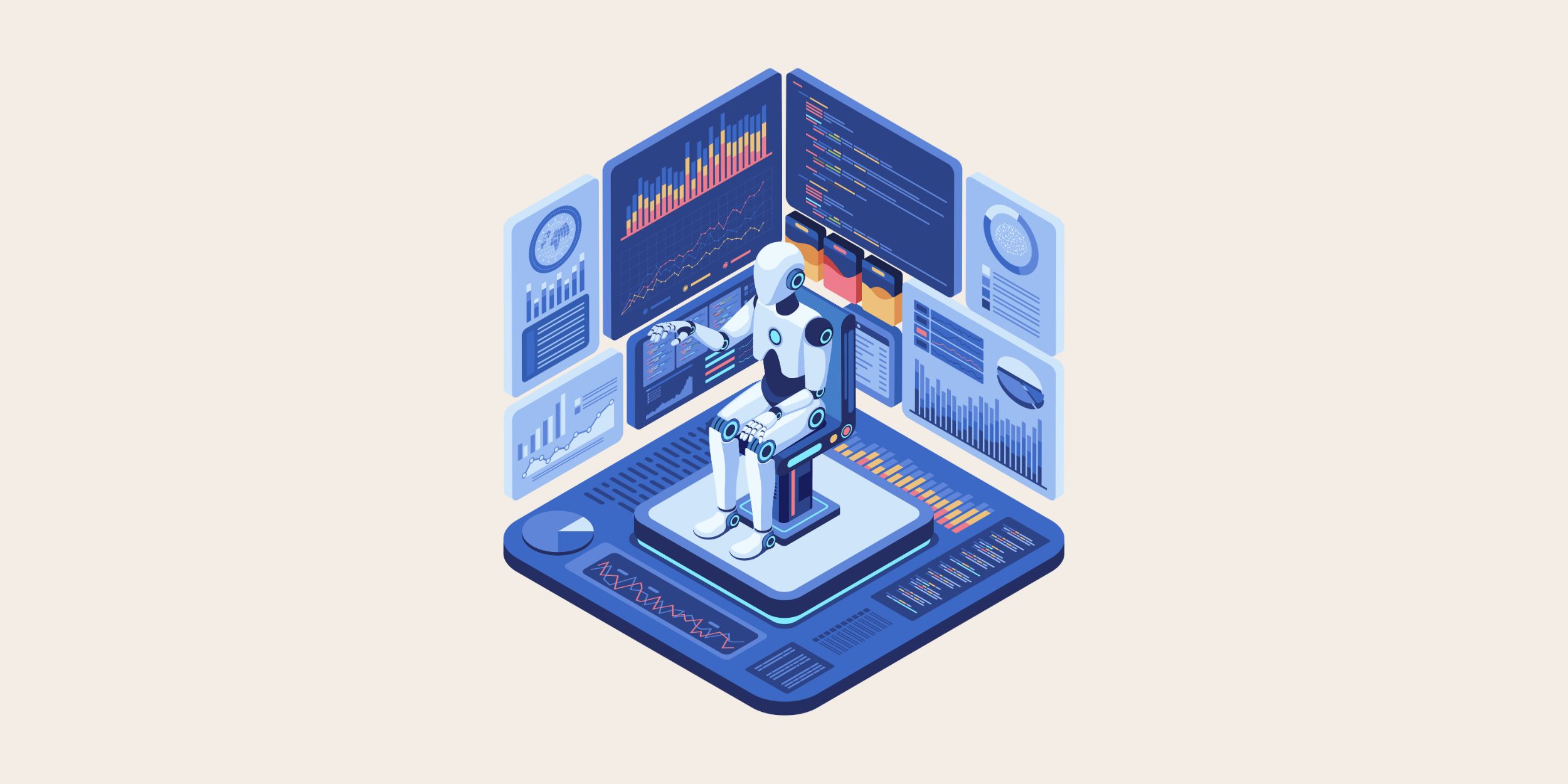 robot sat in a control centre representing AI in CRM