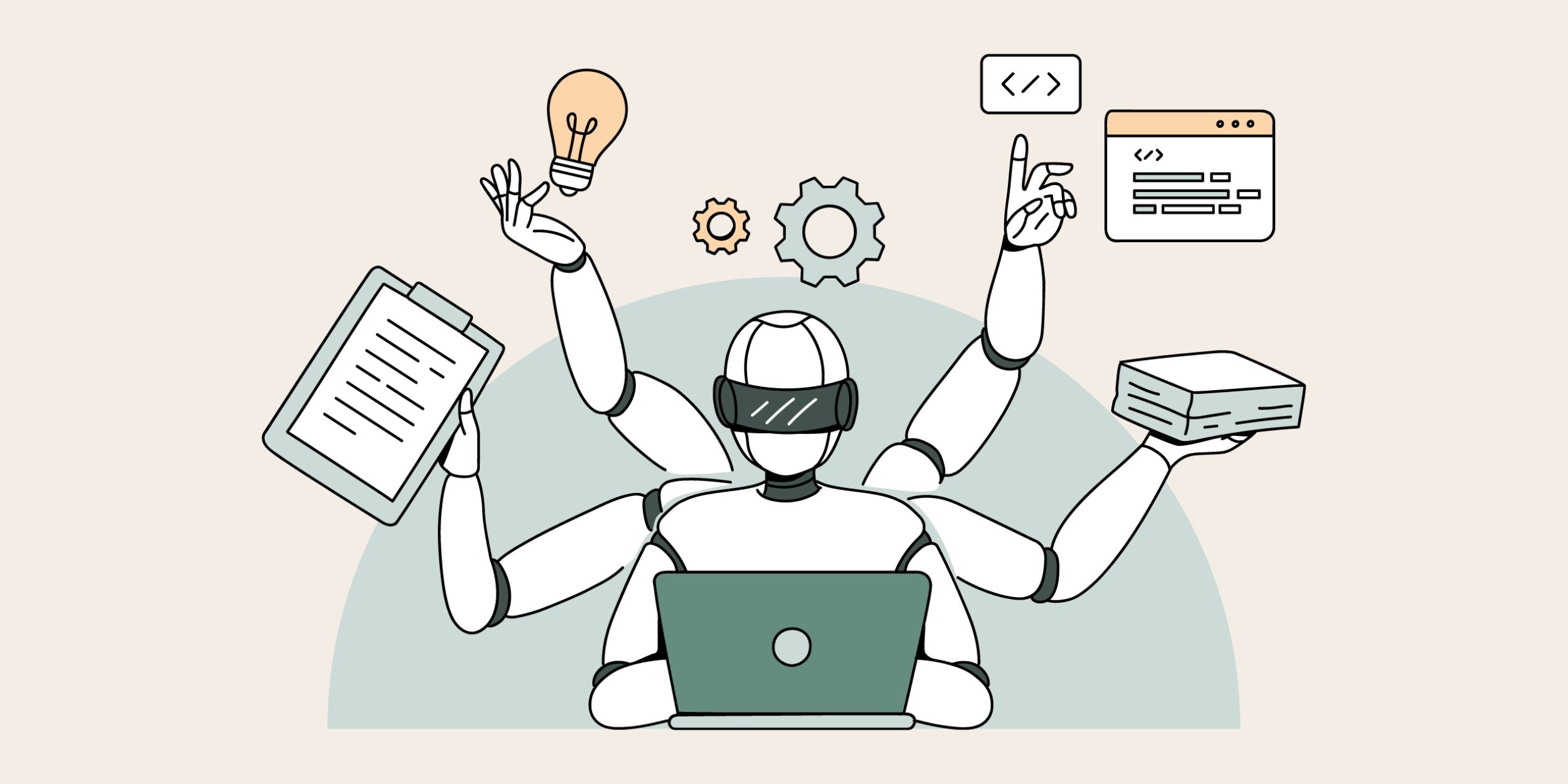 graphic of a multi-limbred robot representing ai at work and the ai roi in crm