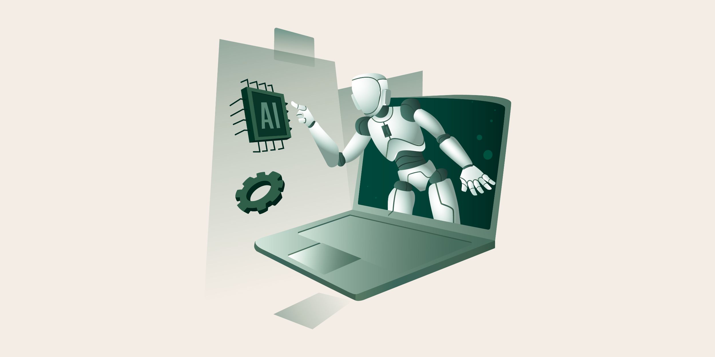 graphic of a robot leaning out of a laptop representing AI in CRM