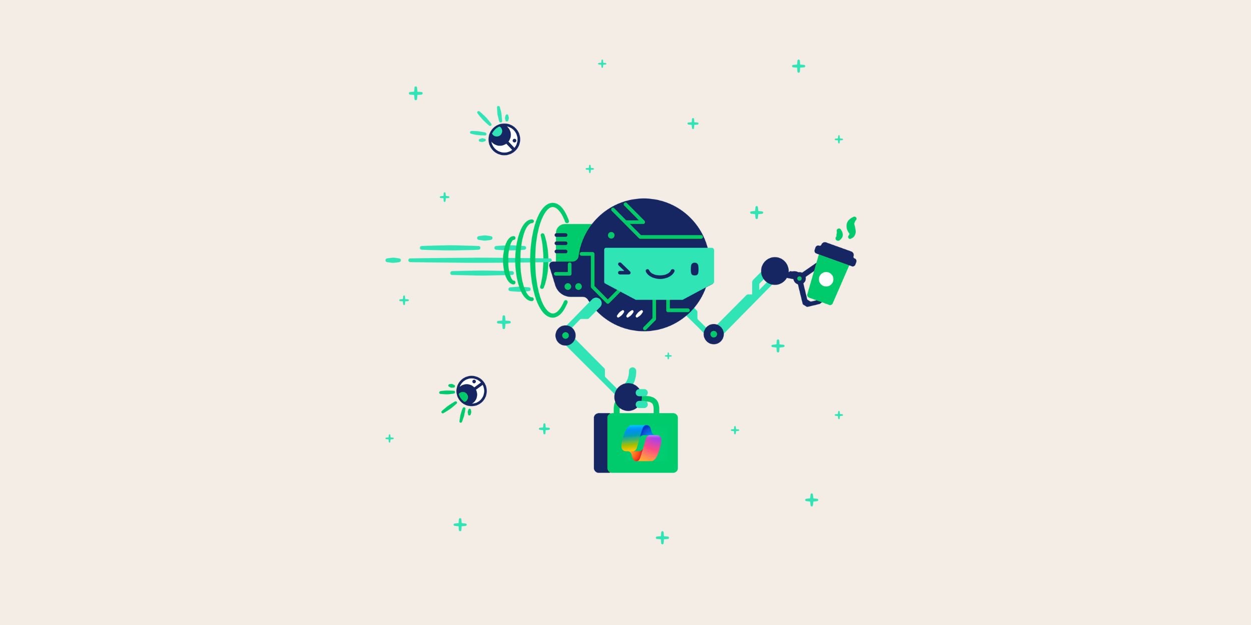 Little robot flying to work representing Microsoft Copilot