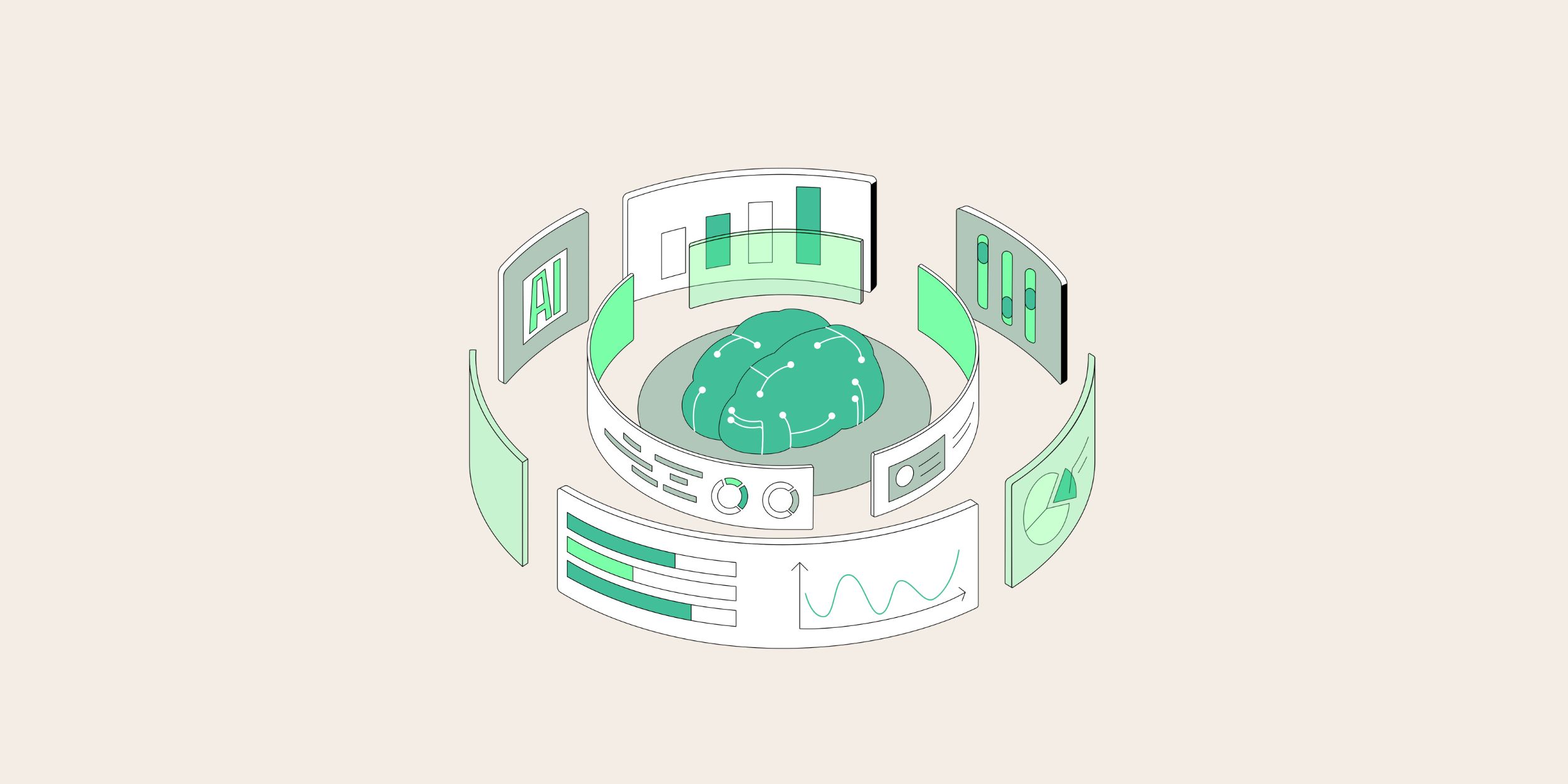 a virtual brain surrounded by screens of information representing ai governance