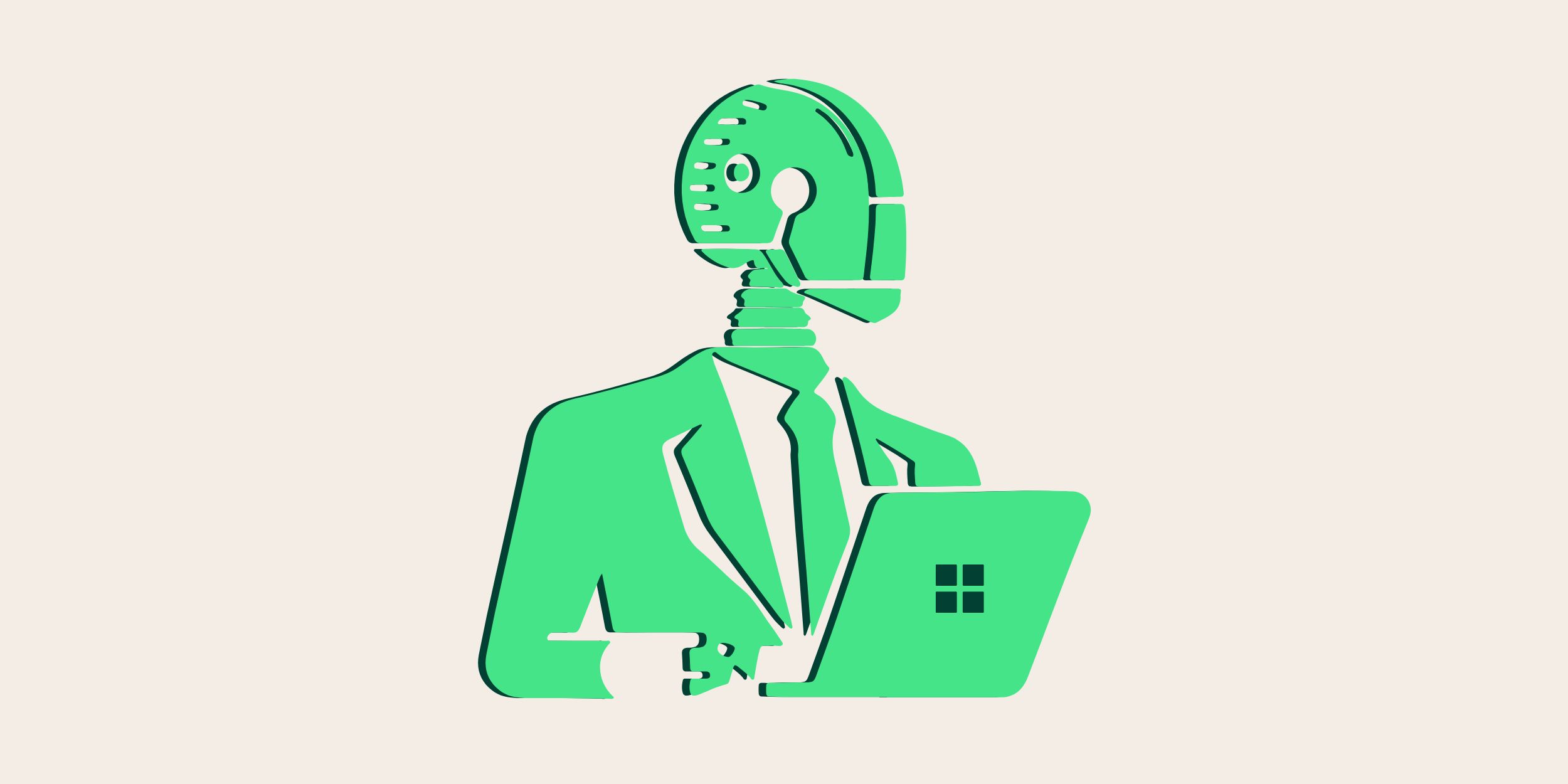 A robot in a wsuit working at a laptop representing agentic ai in Dynamics 365
