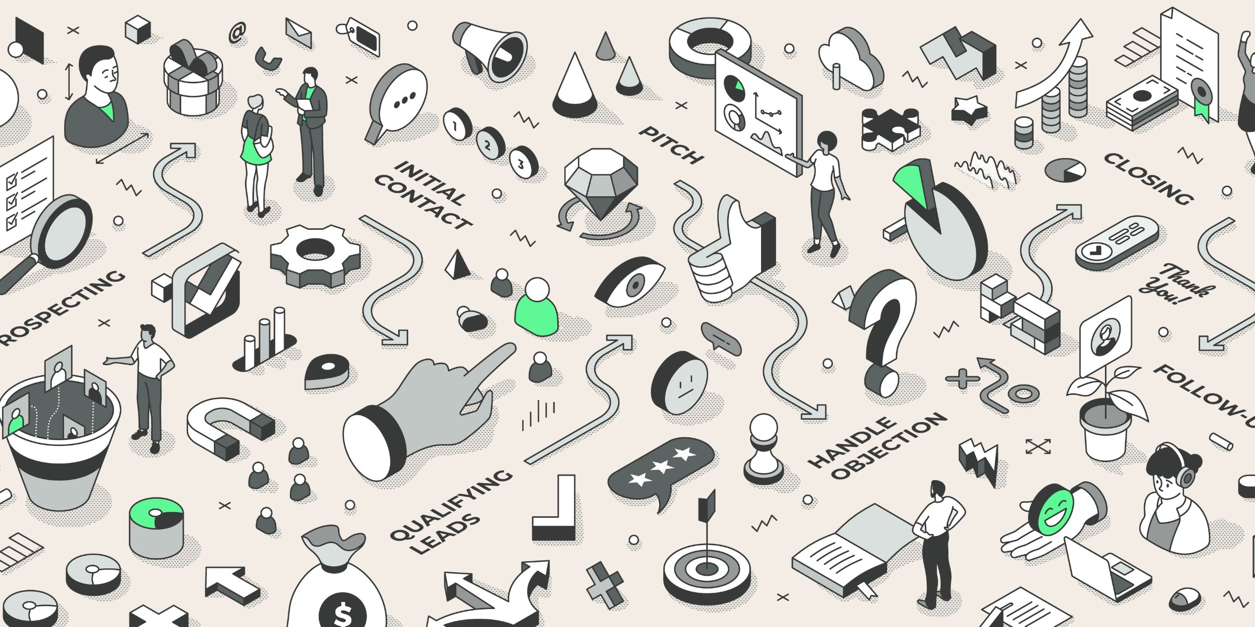 an isometric illustration of the sales process that make up sales excellence
