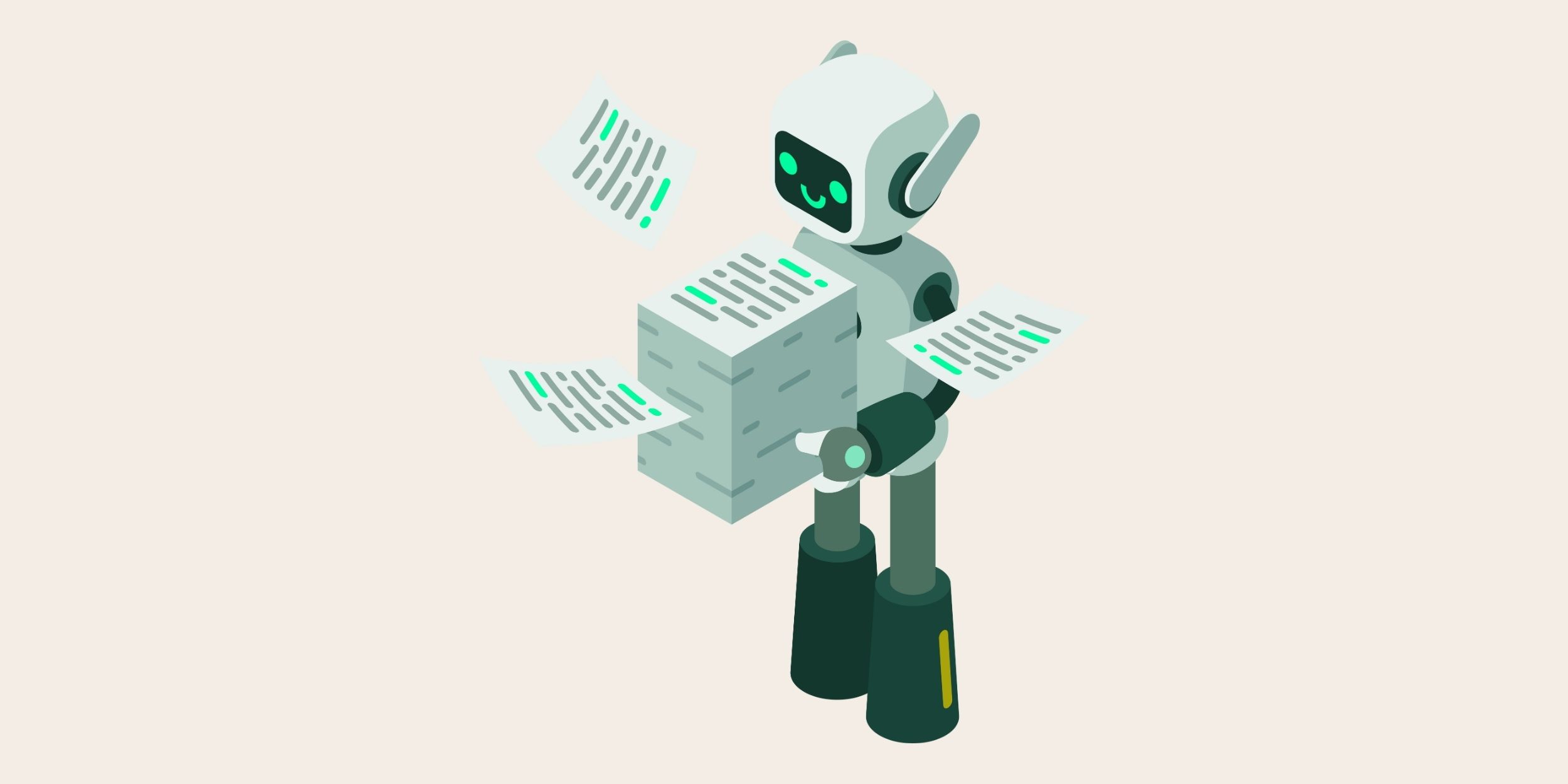 a cute little roboto with a large stack of papers representing Preparing Sales Literature for Copilot in Dynamics 365
