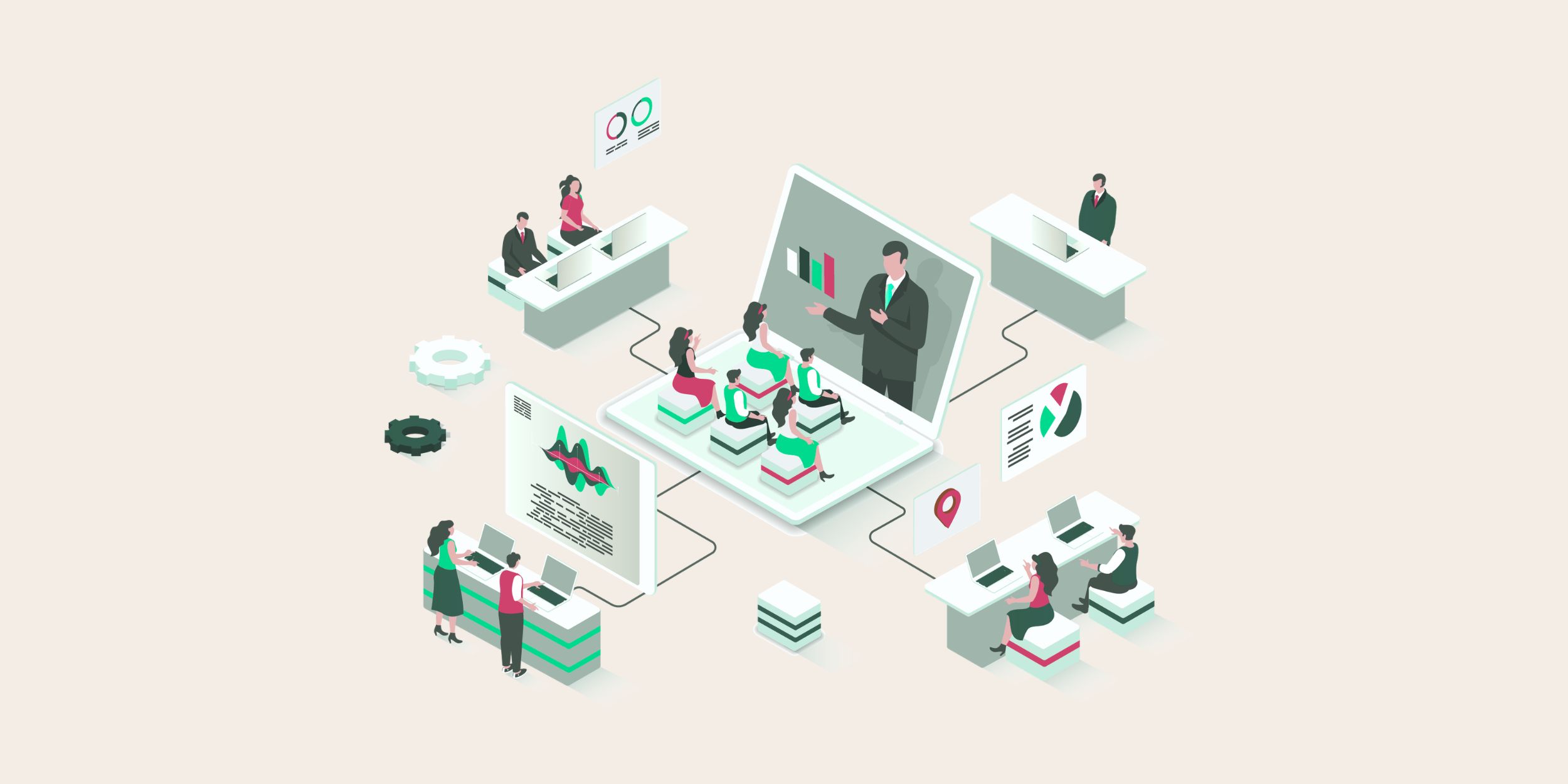 an isometric illustration of a virtual sales training representing data-driven sales coaching.