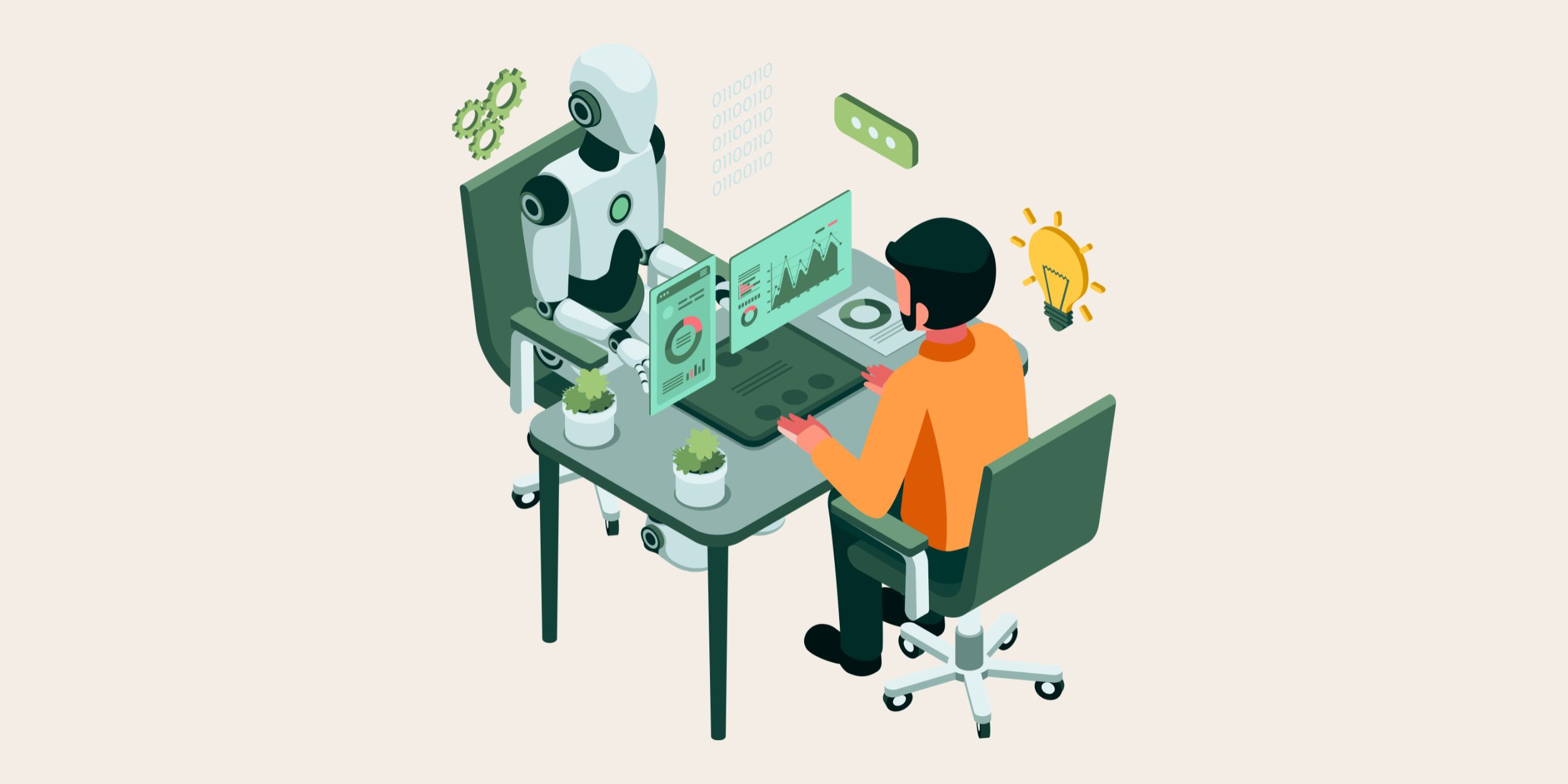 microsoft 365 copilot use cases represented by a graphic of a robot working with a human on data