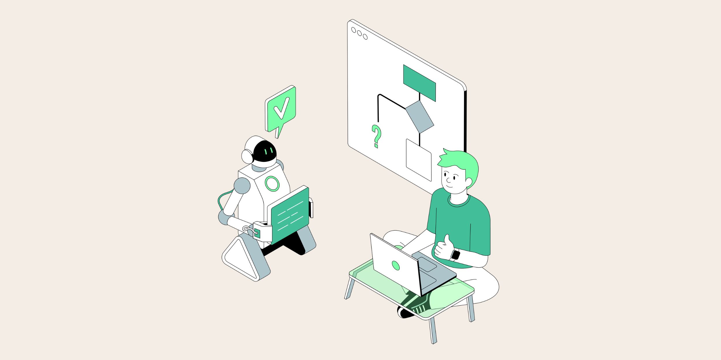 an image of a male worker and a robot developing a workflow together, representing microsoft 365 copilot and business processes.