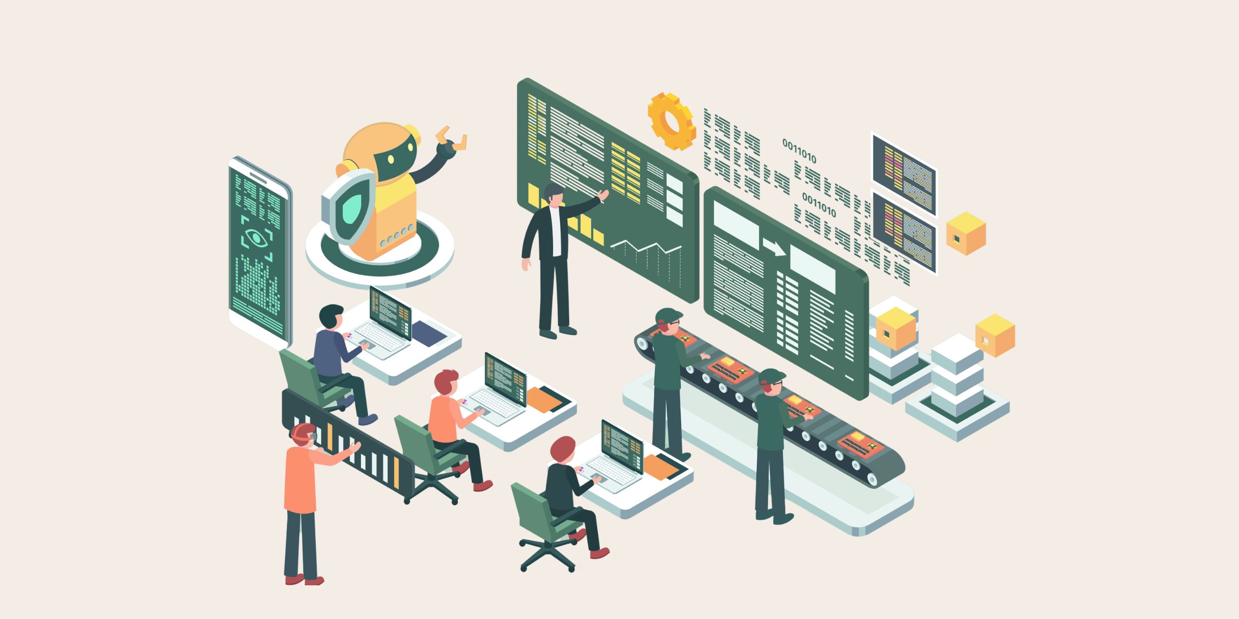 image of a busy team with a robot working with them representing the ai workforce