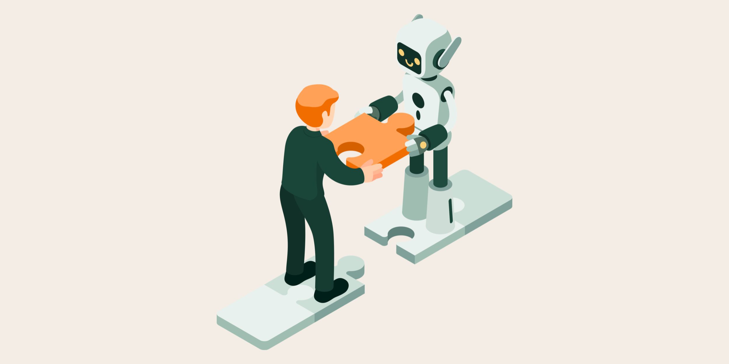 image of a man and a robot working together, lowering a jigsaw piece into place, representing ai adoption.
