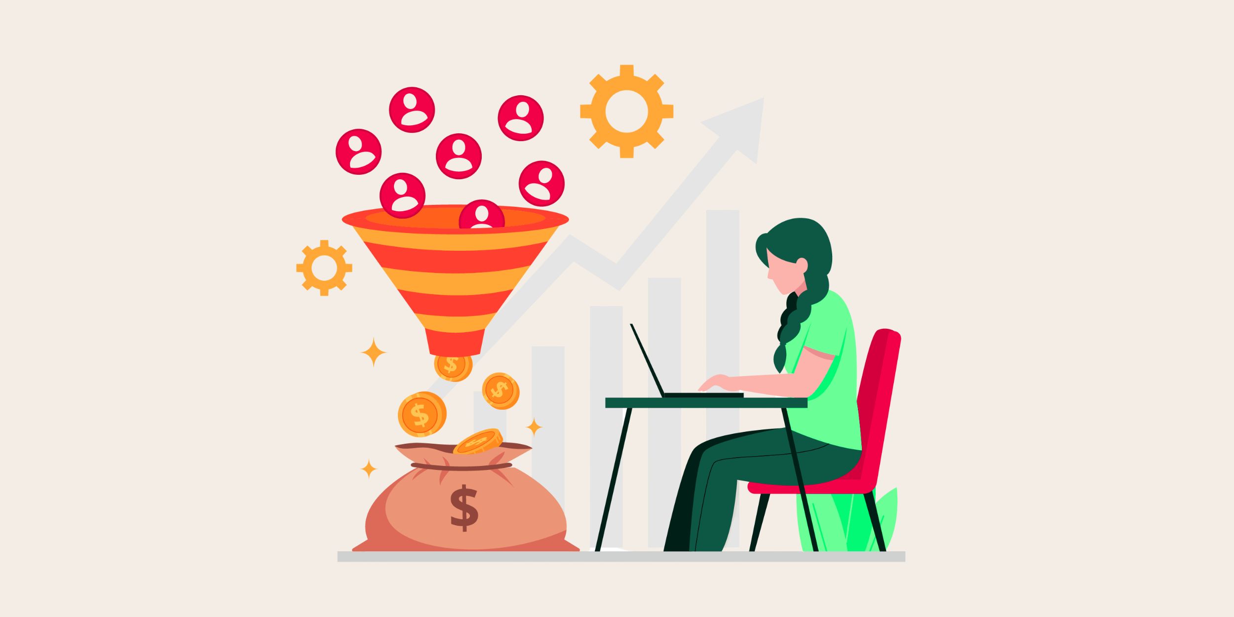 an image of a woman working on a laptop with microsoft dynamics and a sales funnel in front of her turning leads into sales