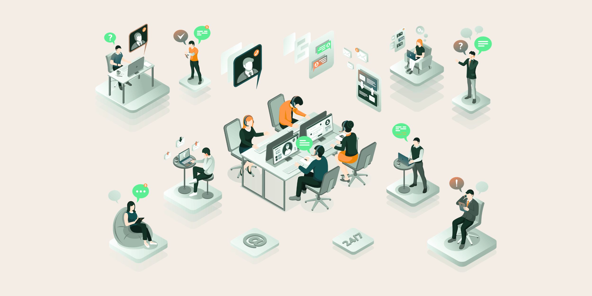 graphic of a busy sales and customer service team using microsoft dynamics 365
