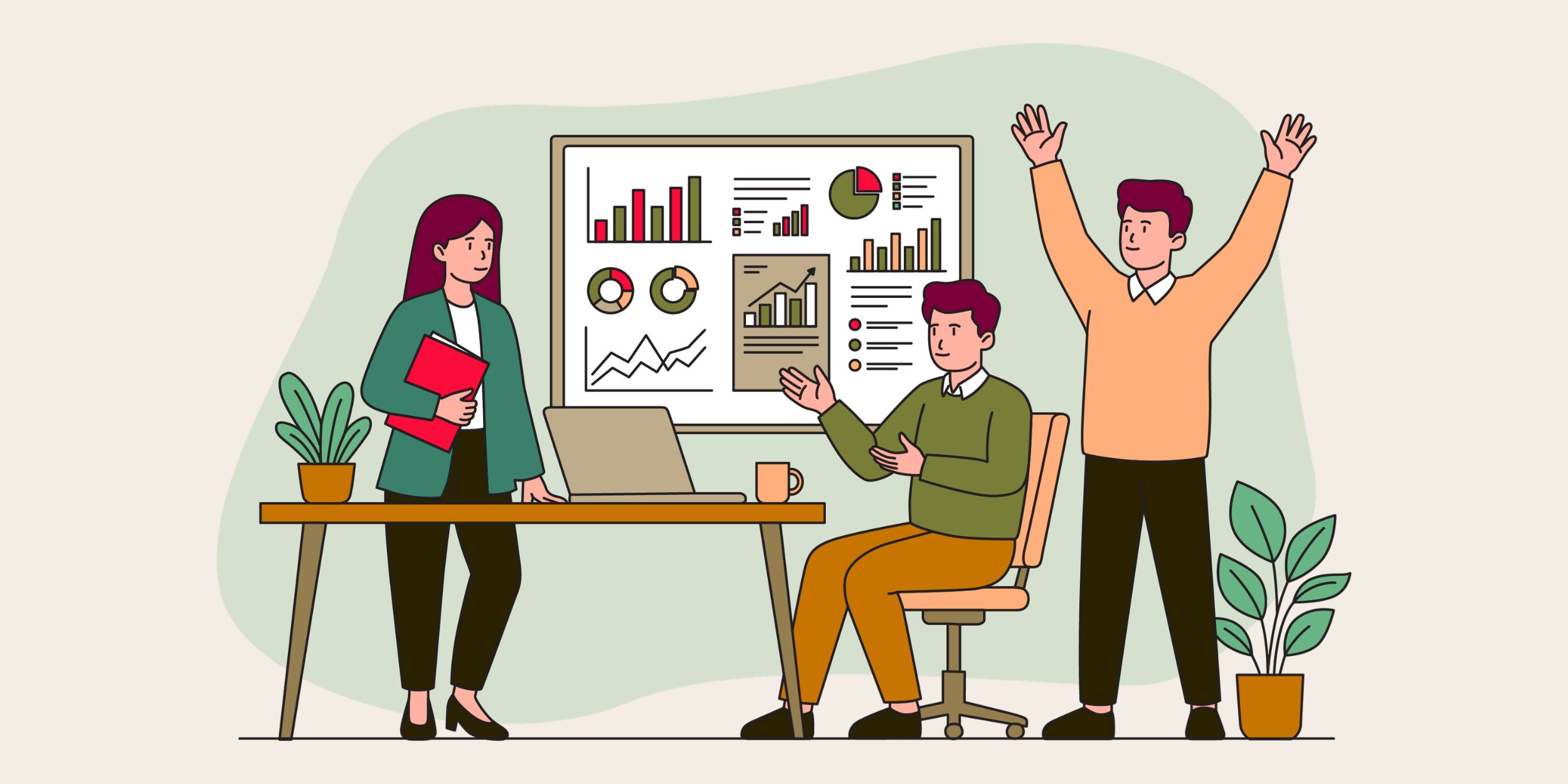 a team of executives celebrating positive sales numbers with a crm dashboard behind them, reprsenting business growth