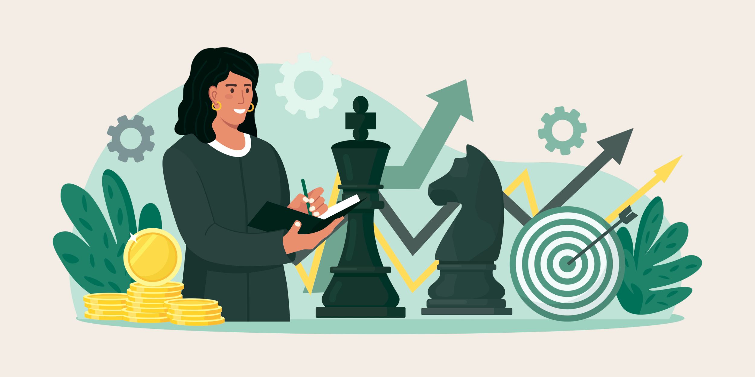 image of a woman making notes surrounded by data, graphs and chess pieces representing crm integration strategy