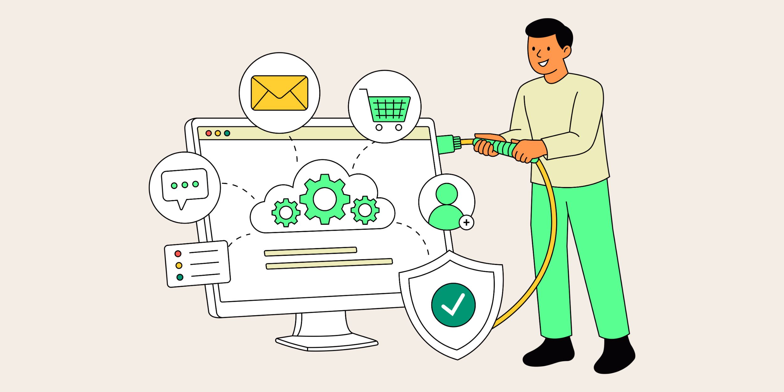 image representing the benefits of crm integration with a man plugging a cable into a computer, surrounded by different applications