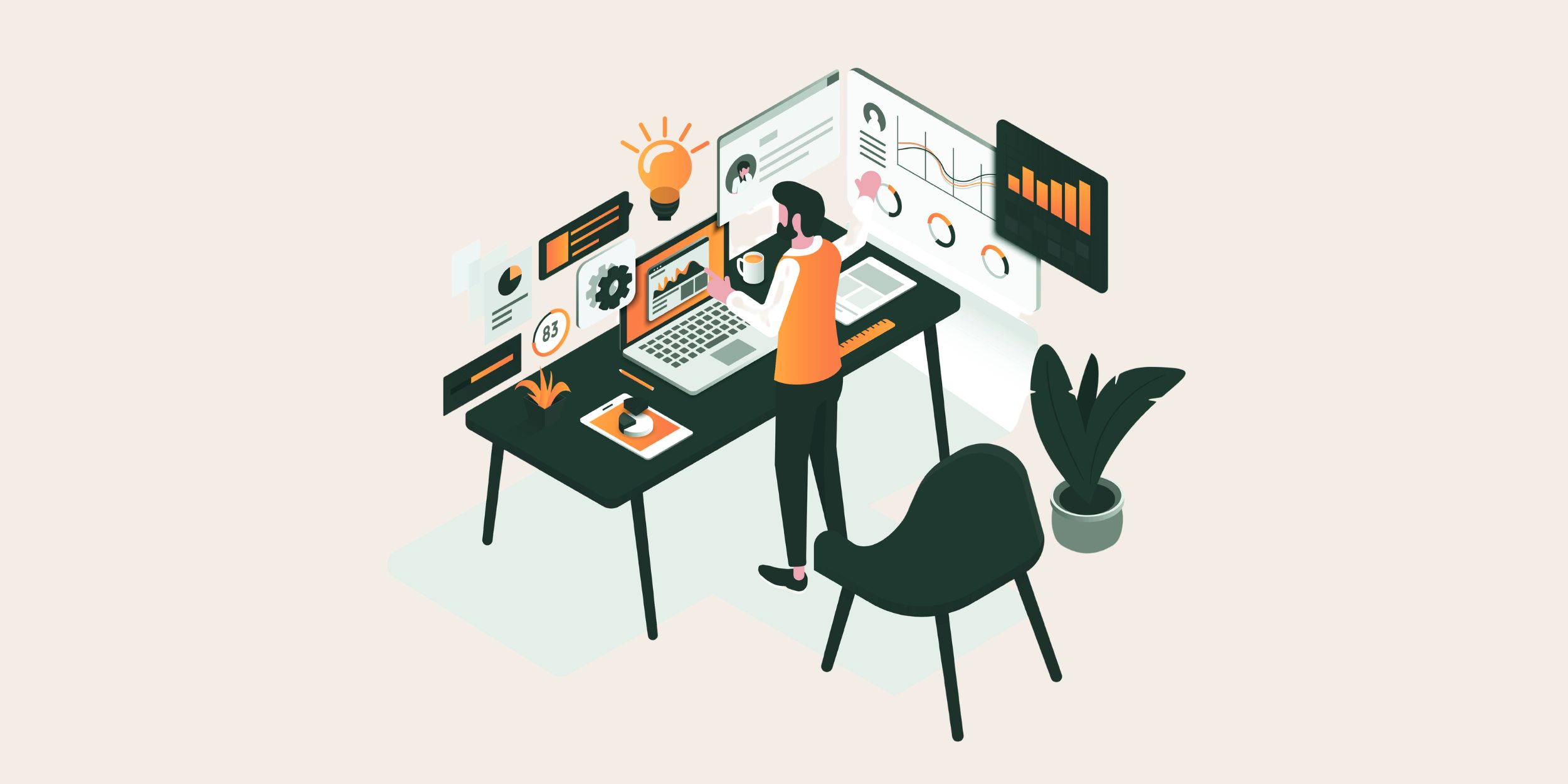 image of a man stood at his desk looking at different screens representing the importance of crm integration solutions