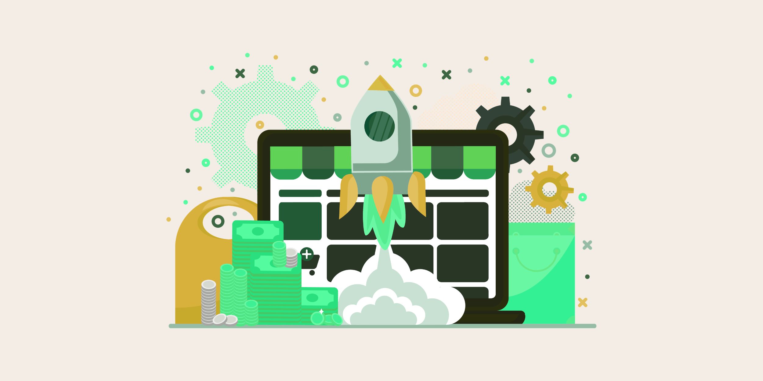 raphic of a rocket ship taking off in front of a crm dashboard representing crm requirements as part of business growth