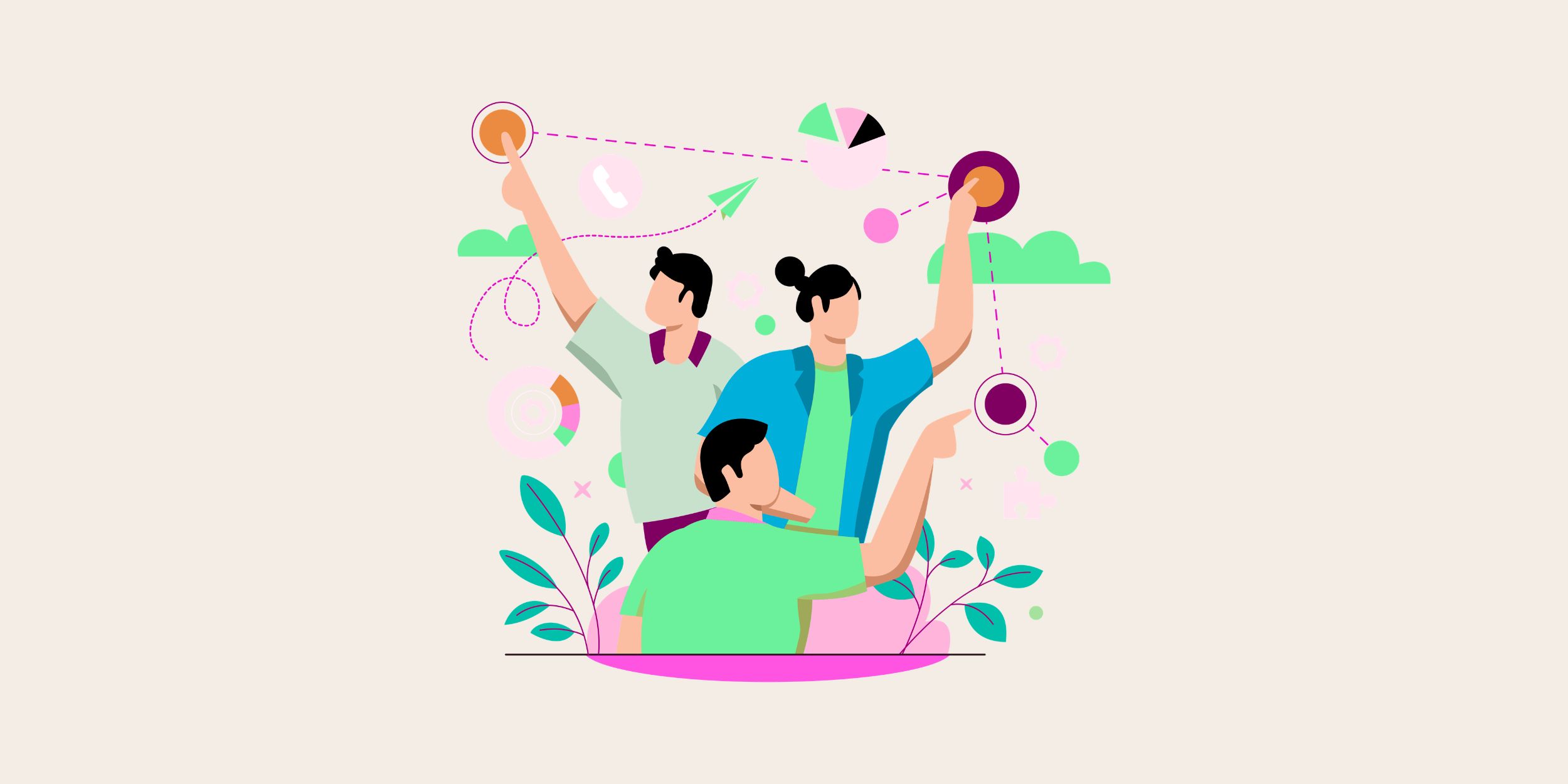 abstracted graphic of team members pointing at crm challenges represented by floating dots surrounded by graphs