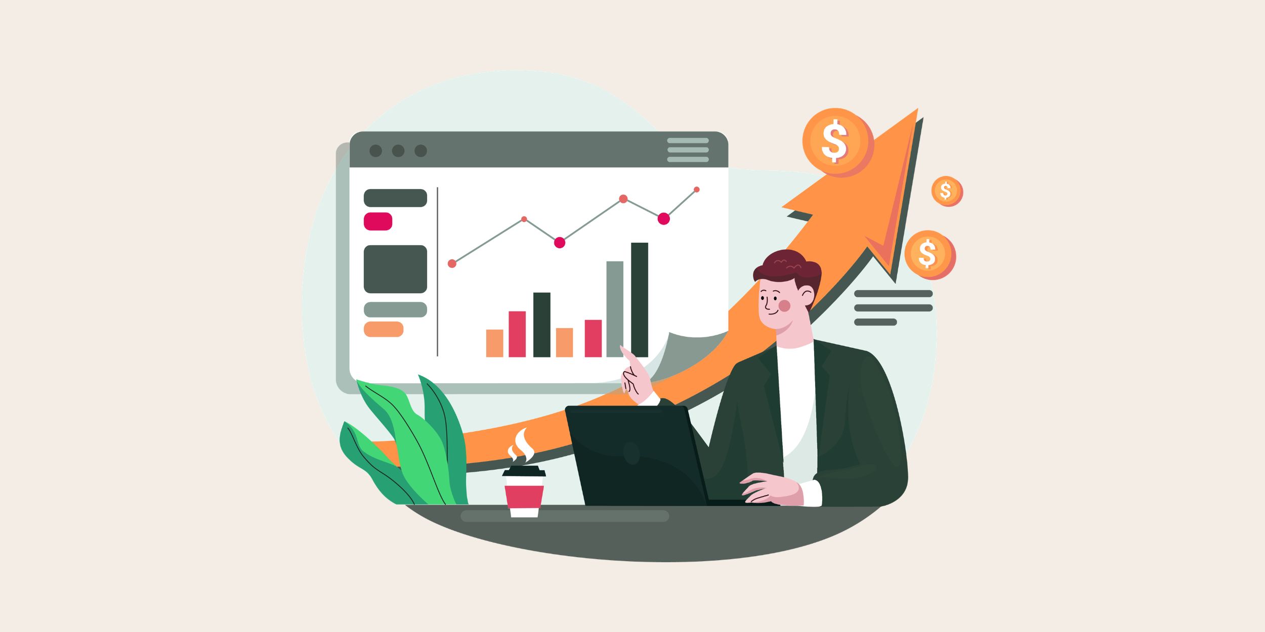 a sales person sat at their desk looking at their computer. A large sales graph is positioned behind them showing positive sales numbers, representing sales pipeline management process