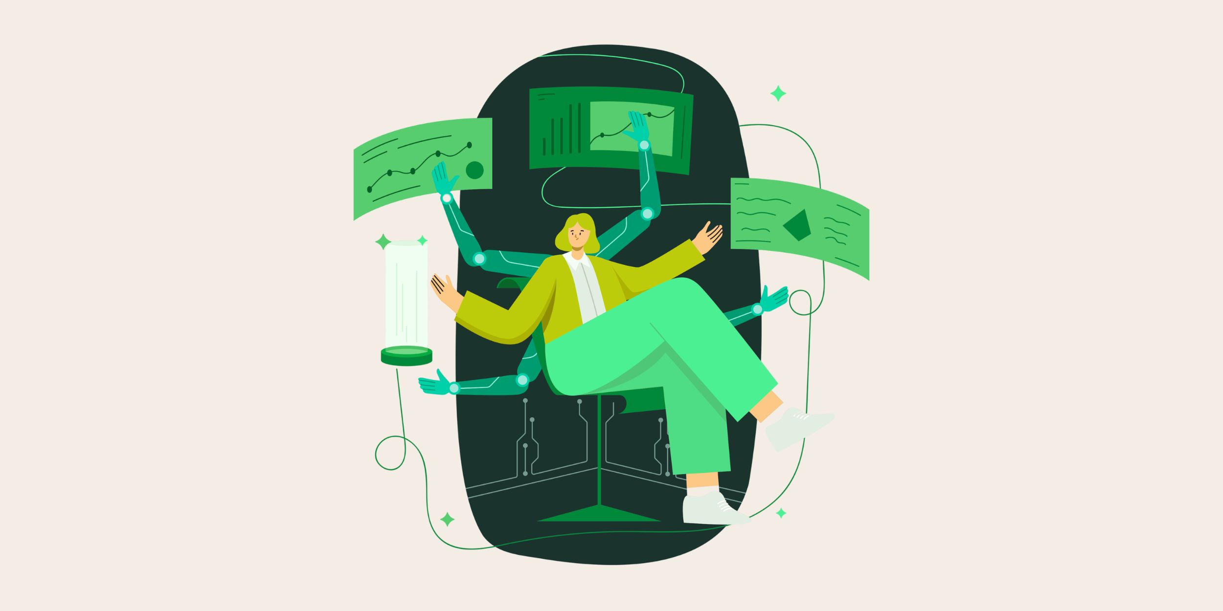 image of a woman sat in a robotic chair with arms interacting with sales dashboards, representing sales process automation