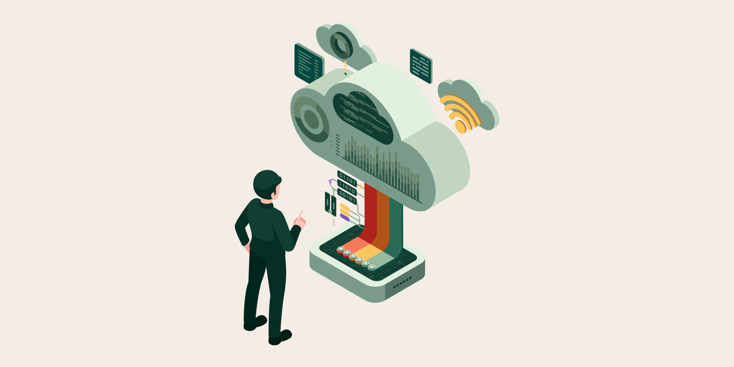 a salesperson looking at a cloud shaped terminal with data scrolling past representing sales pipeline management software
