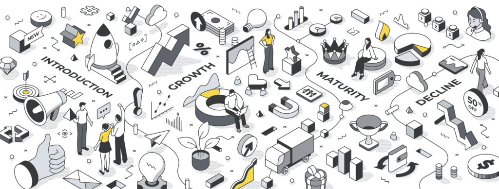 an isometric illustration of the evolution of business and product adoption with people interacting at the different stages.
