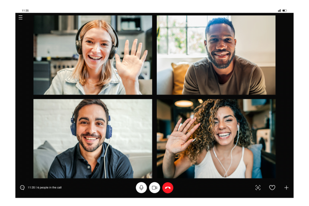 photo of a team video call with colleagues happily talking