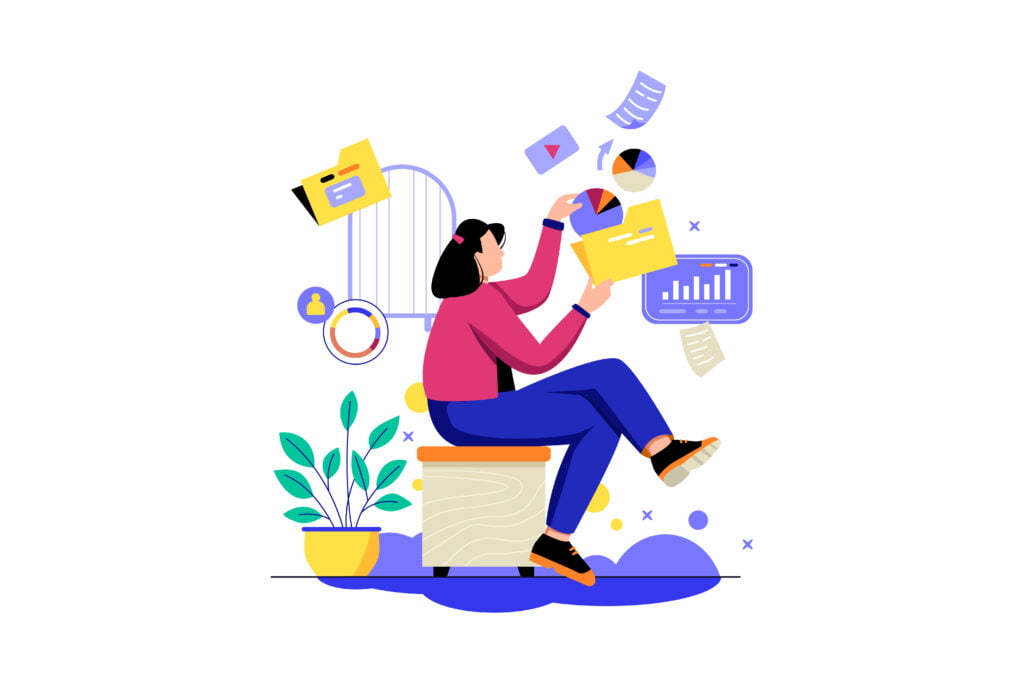 illustration of a woman sat working with lots of different types of data to maintain data integrity